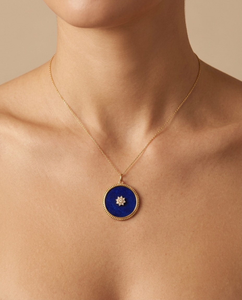14KT Yellow Gold Lapis Pendant with Flower Diamonds on model