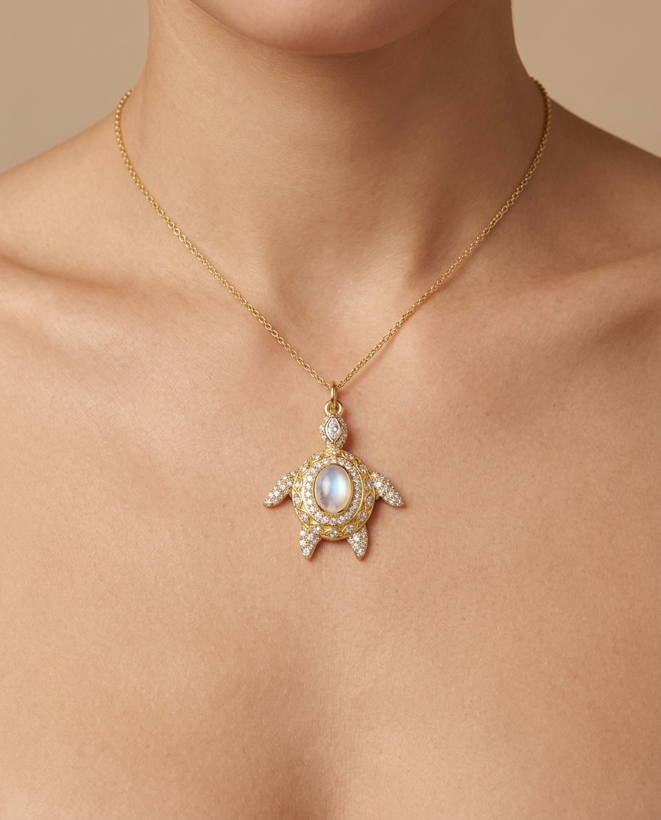 14KT Yellow Gold Mother of Pearl and Diamonds Turtle Pendant on model