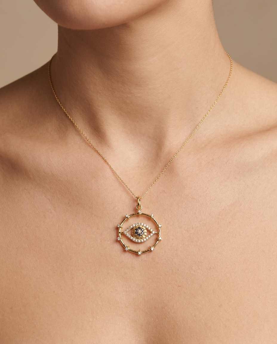 14KT Yellow Gold Clear Quartz and Sapphire Evil Eye Pendant with Diamonds on model