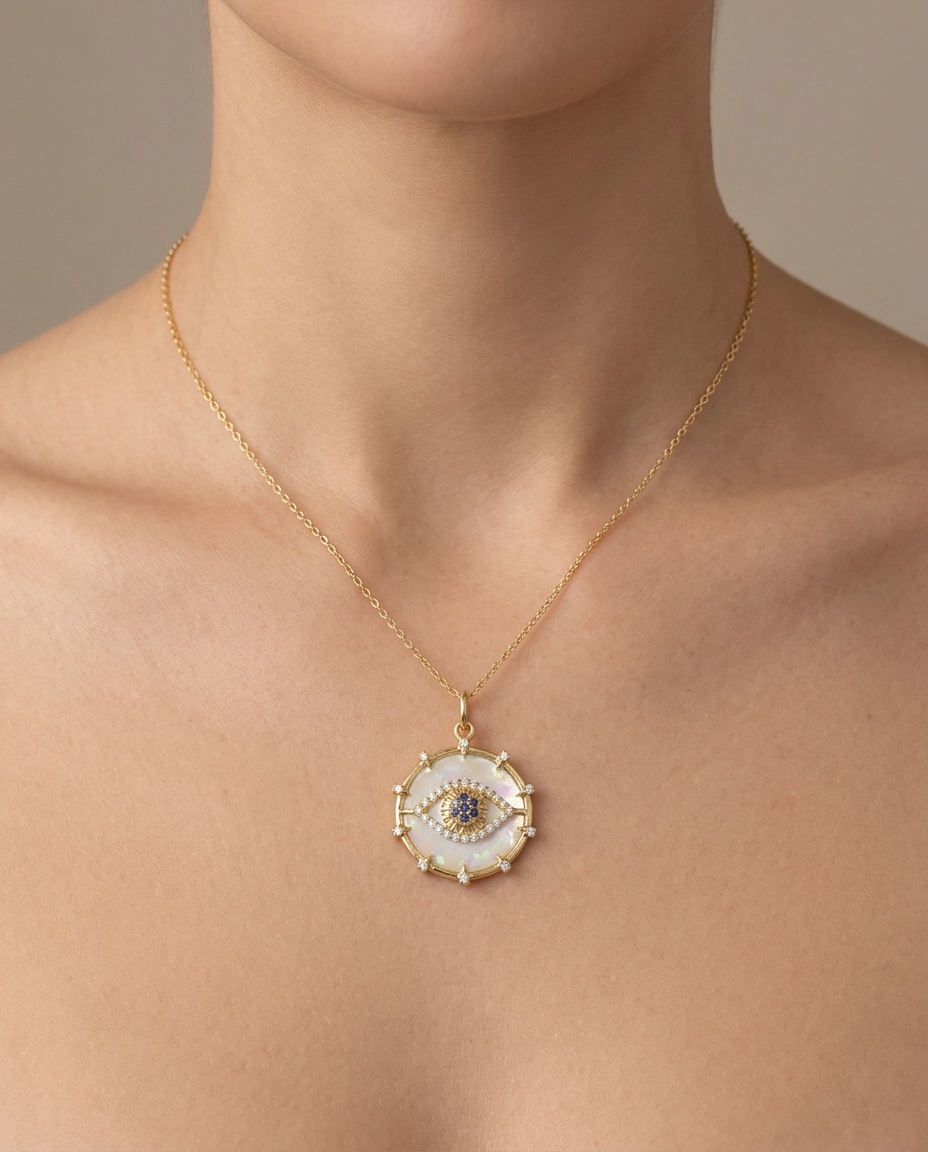 14KT Yellow Gold Opal and Sapphire Evil Eye Pendant with Diamonds on model