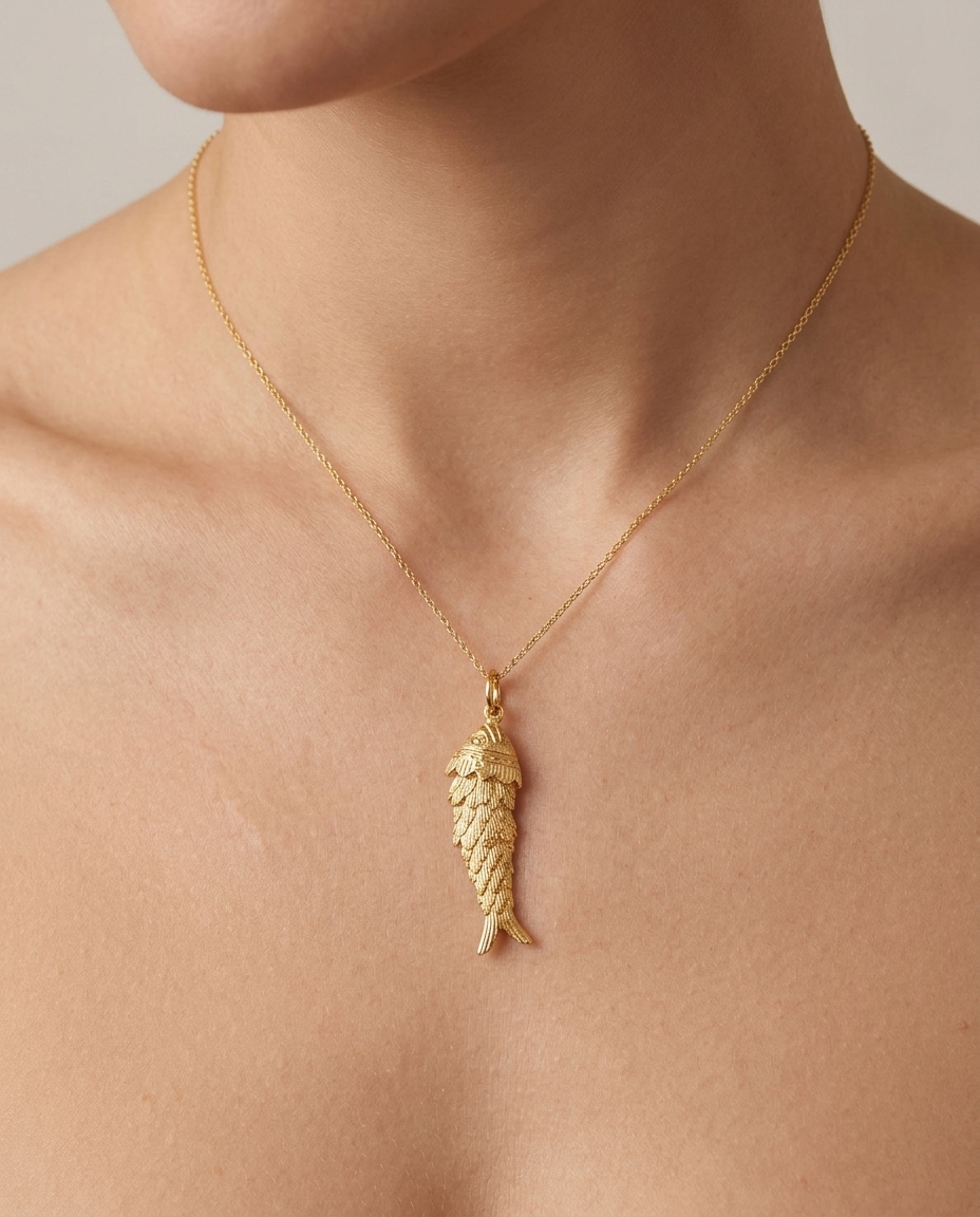 14KT Gold Fish Shape Pendant on model