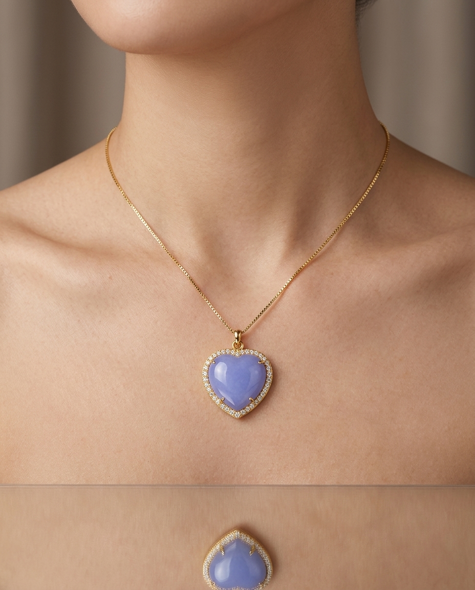 14KT Gold Diamonds and Calcedony Heart Shape Pendant on model