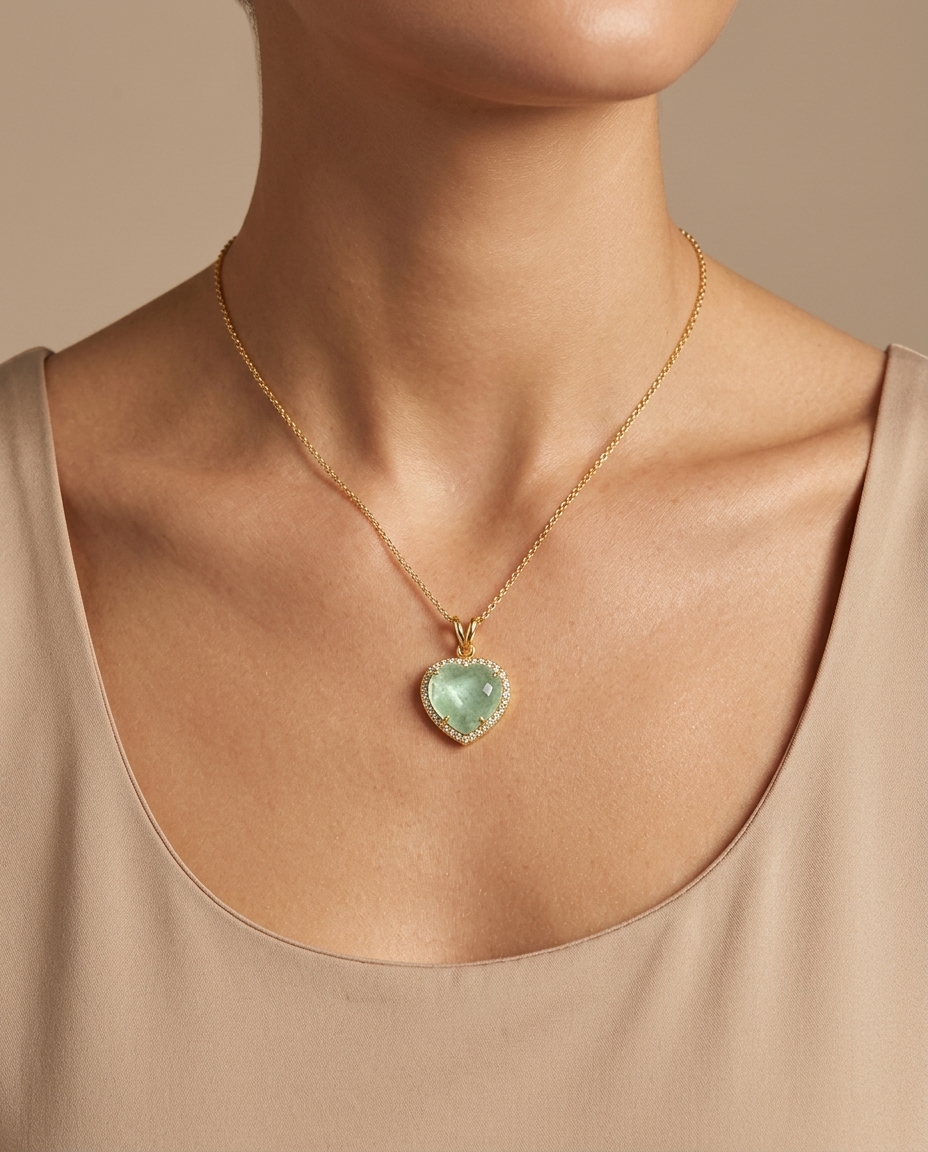 14KT Gold Diamonds and Fluorite Heart Shape Pendant on model