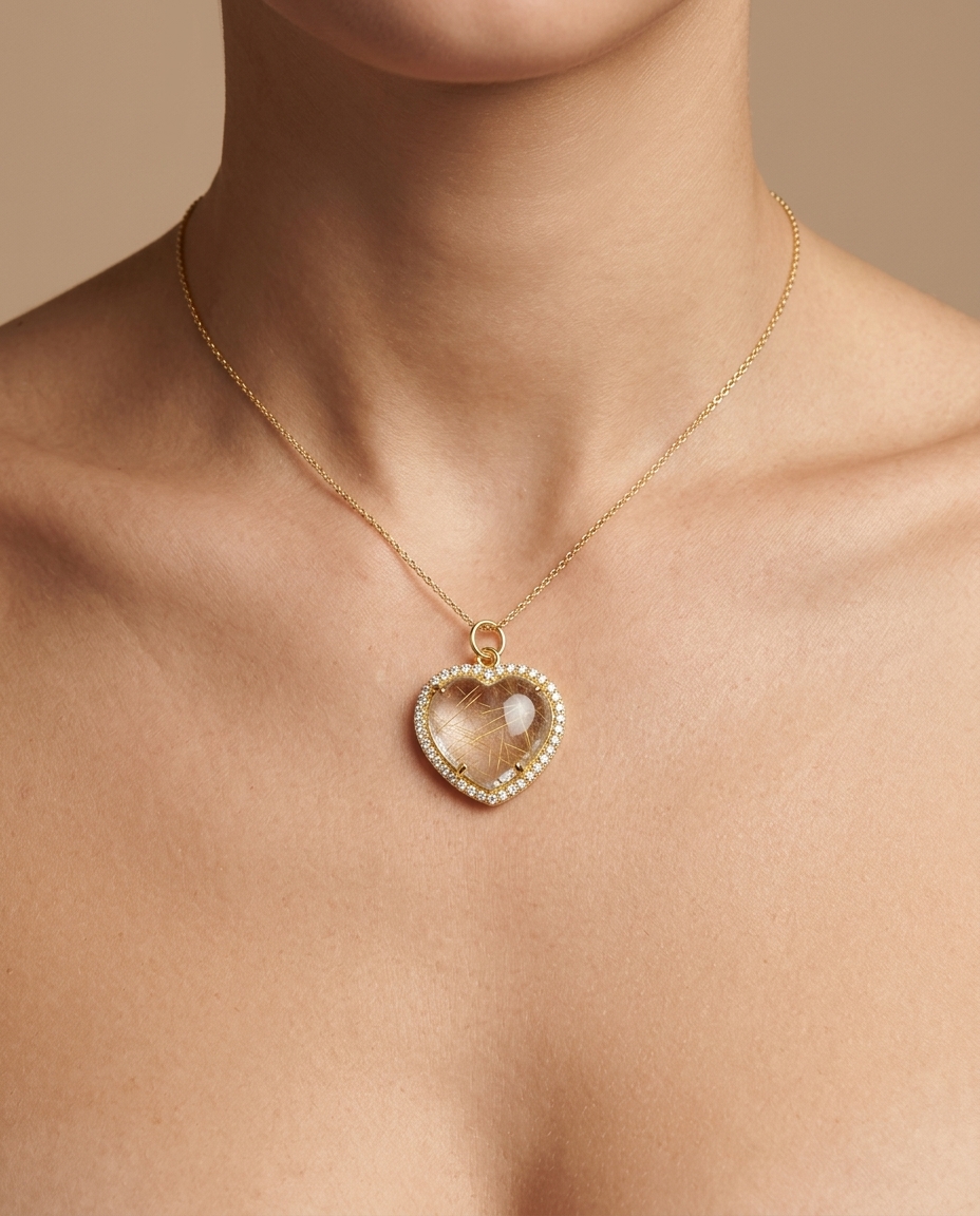 14KT Gold Diamonds and Golden Rutilate Heart Shape Pendant on model