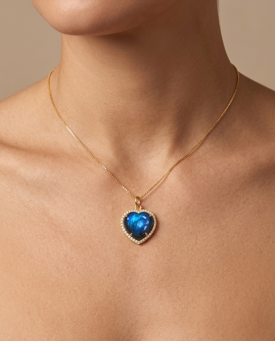 14KT Gold Diamonds and Labradorite Heart Shape Pendant on model