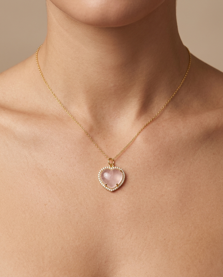 14KT Gold Diamonds and Morganite Heart Shape Pendant on model