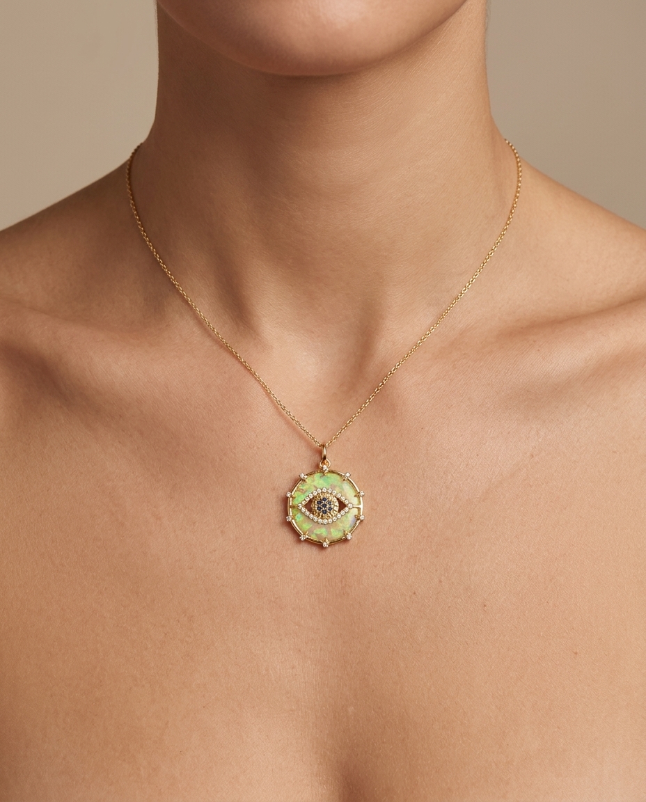 14KT Yellow Gold Opal Evil Eye Pendant with Blue Sapphire and Diamonds on model