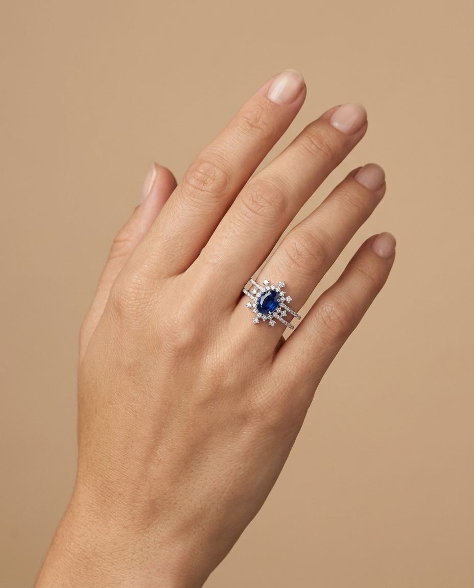 18KT White Gold Sapphire and Diamonds Ring on model