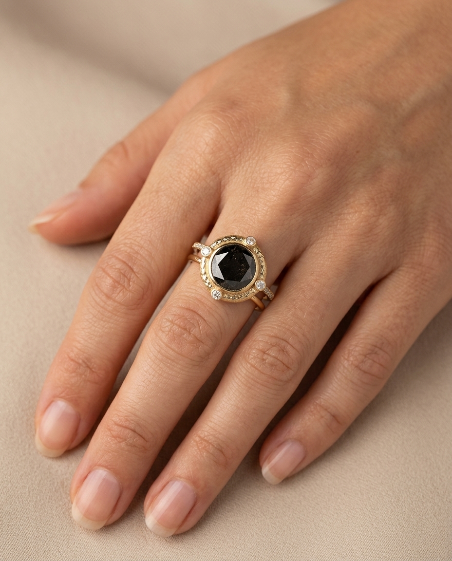 14KT Yellow Gold Fancy Diamond Ring on model
