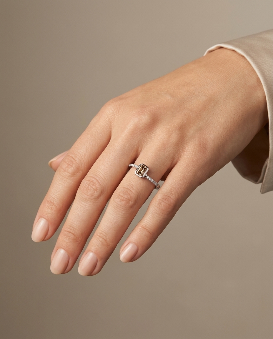 14KT White Gold Fancy Diamond Ring on model