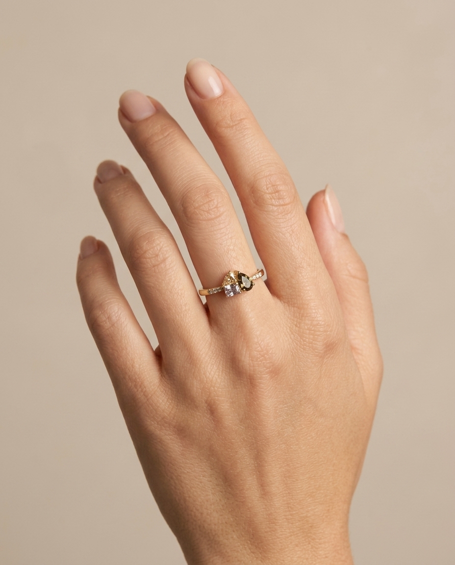 14KT Yellow Gold Fancy Diamond Ring on model