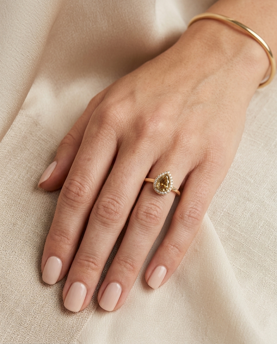 18KT Yellow Gold Fancy Diamond Ring on model