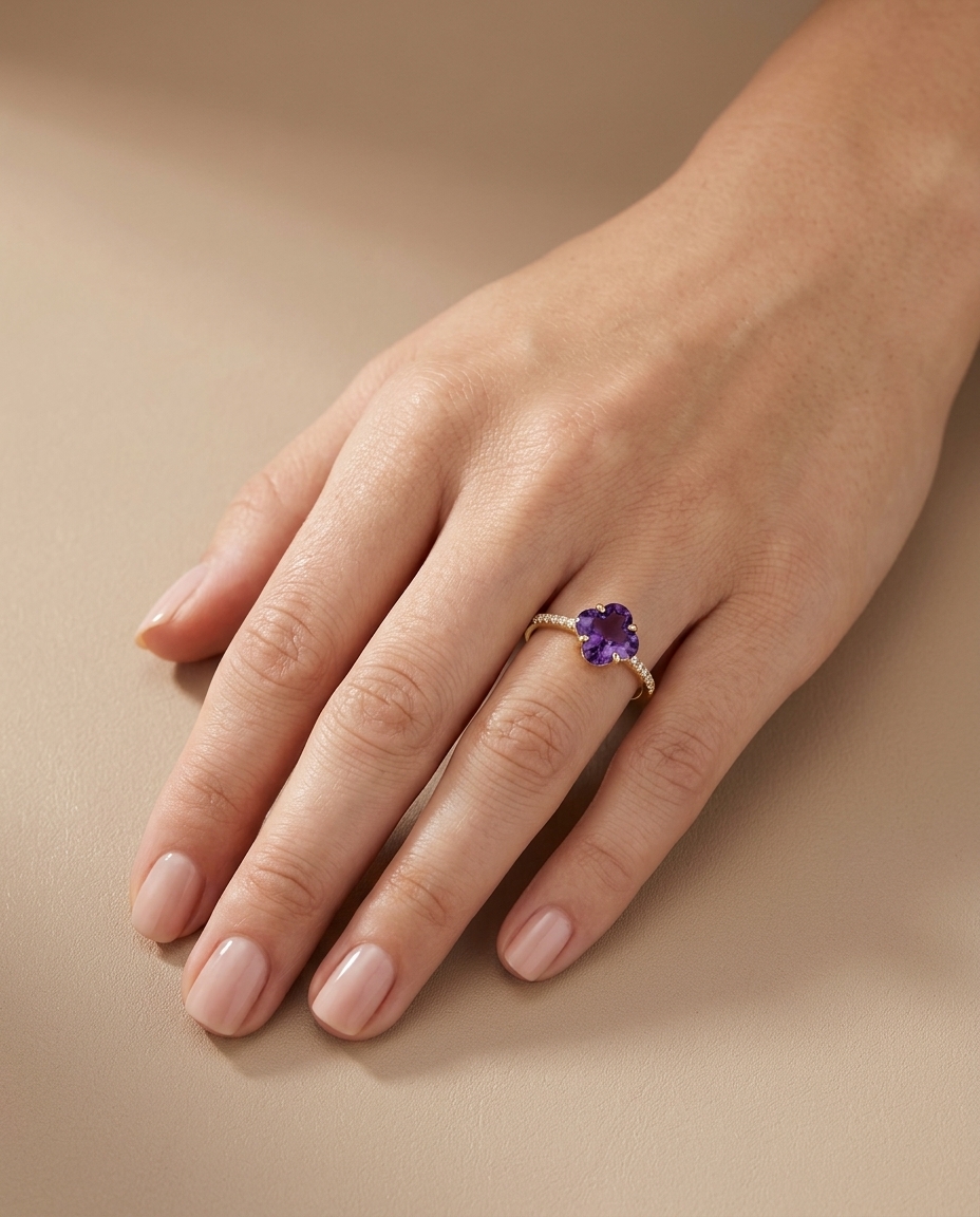 14KT Yellow Gold Amethyst and Diamonds Ring on model