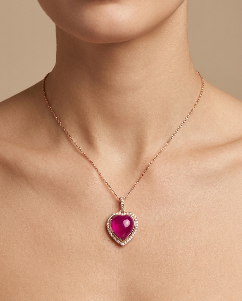 14KT Yellow Gold Ruby Heart Necklace on model