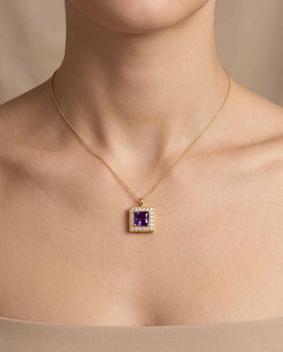 14KT Yellow Gold Amethyst Square Pendant on model