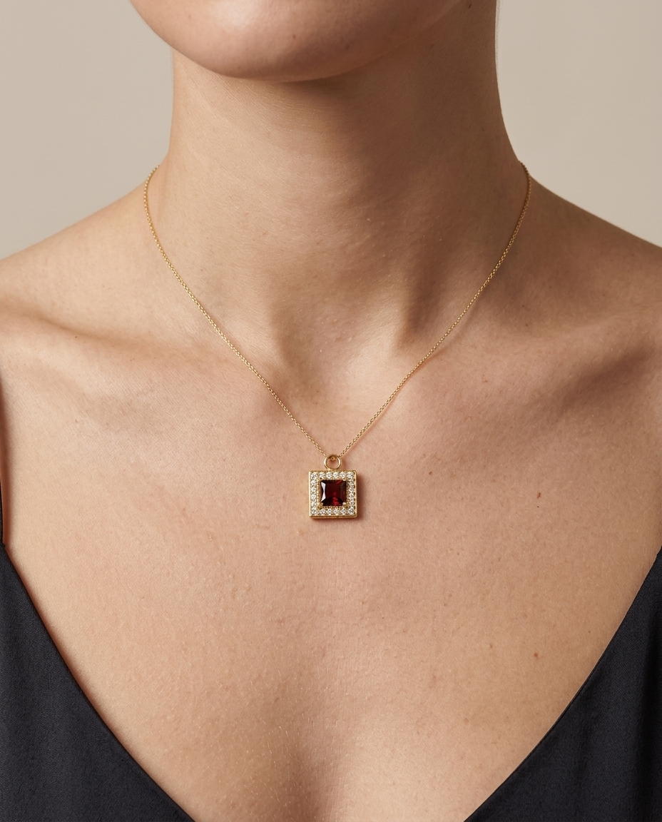 14KT Yellow Gold Garnet Square Pendant on model