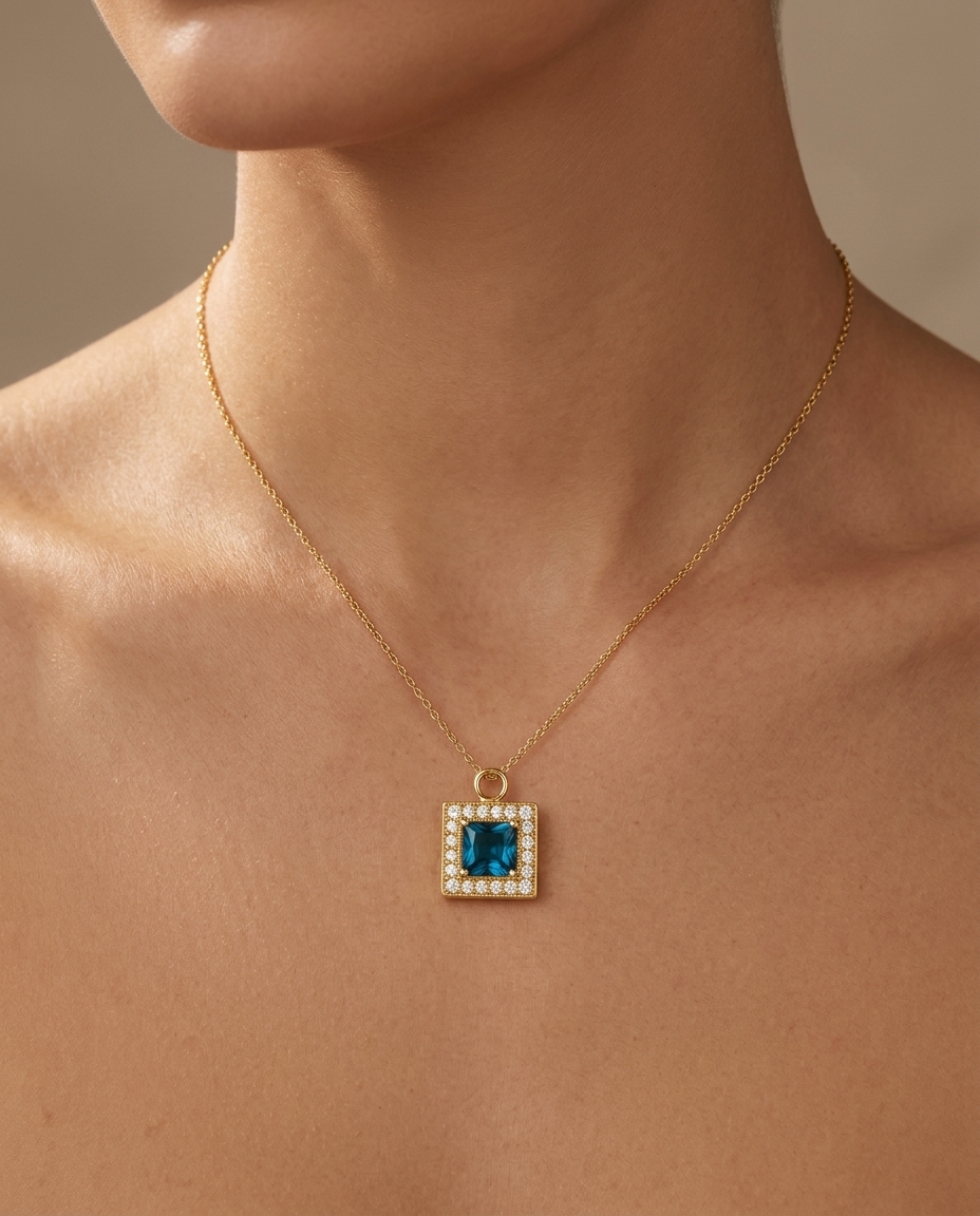 14KT Yellow Gold London Blue Topaz Square Pendant on model