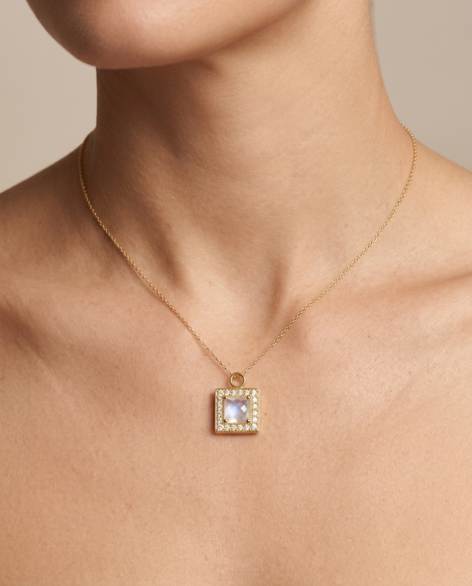 14KT Yellow Gold Faceted Moonstone Square Pendant on model