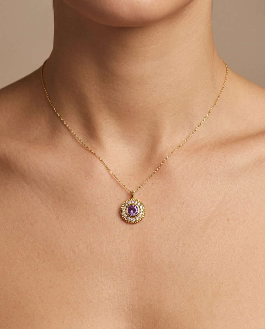 14KT Yellow Gold Amethyst Circle Pendant on model