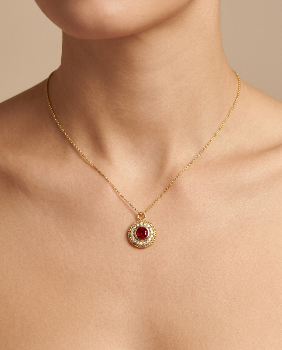 14KT Yellow Gold Garnet Circle Pendant on model