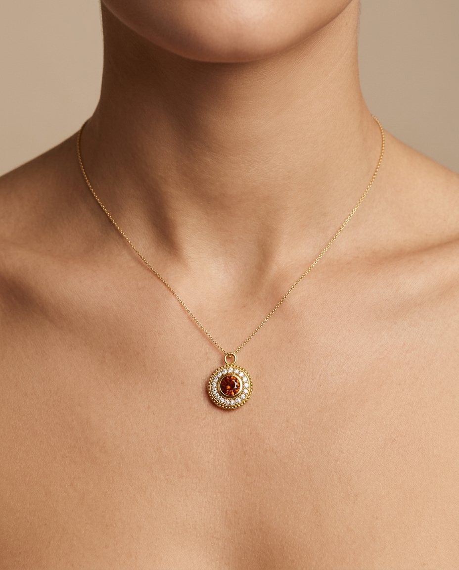 14KT Yellow Gold Orange Sapphire Circle Pendant on model