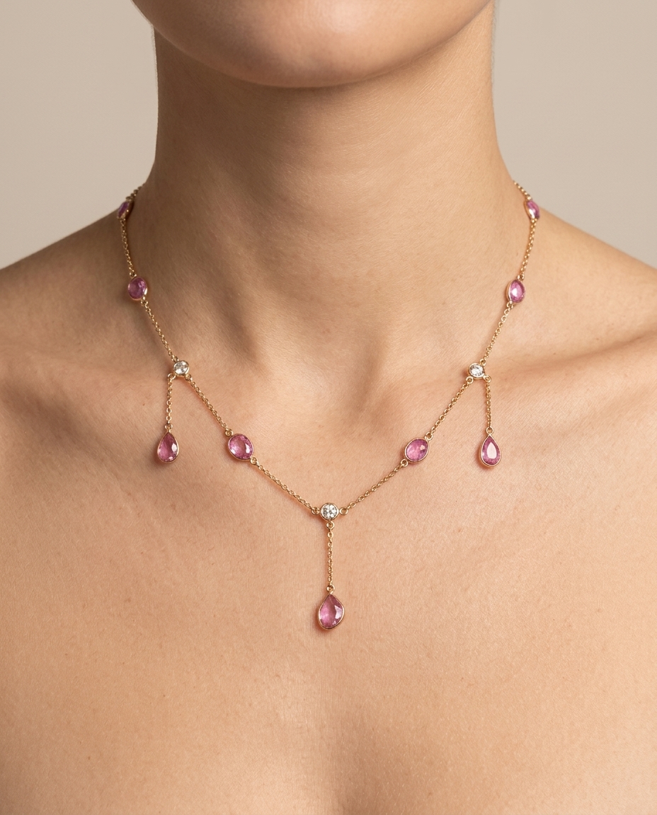 14KT Yellow Gold Pink Sapphire Dangling Necklace on model