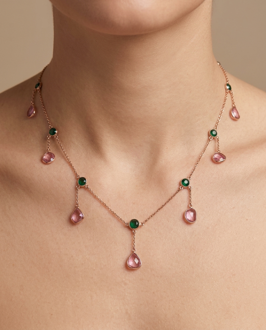 14KT Yellow Gold Pink Sapphire/Emerald Necklace on model