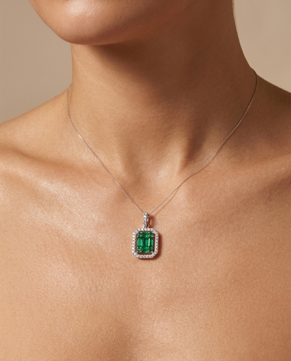 18KT Gold Diamond and Emerald Pendent on model