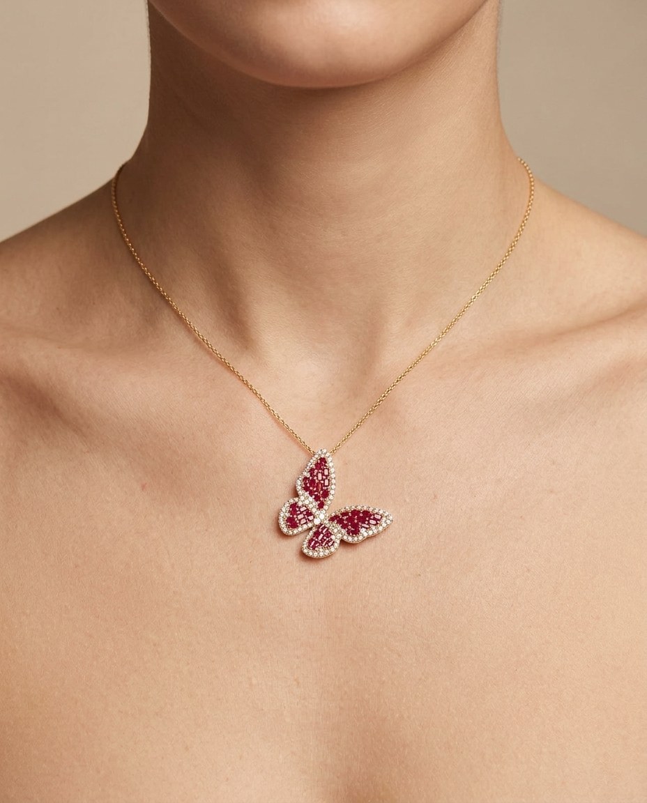 14KT Gold Butterfly Ruby and Diamond Pendant Necklace on model