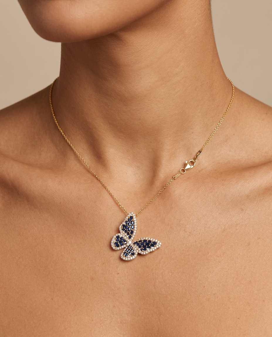 14KT Gold Butterfly Blue Sapphire and Diamond Necklace on model