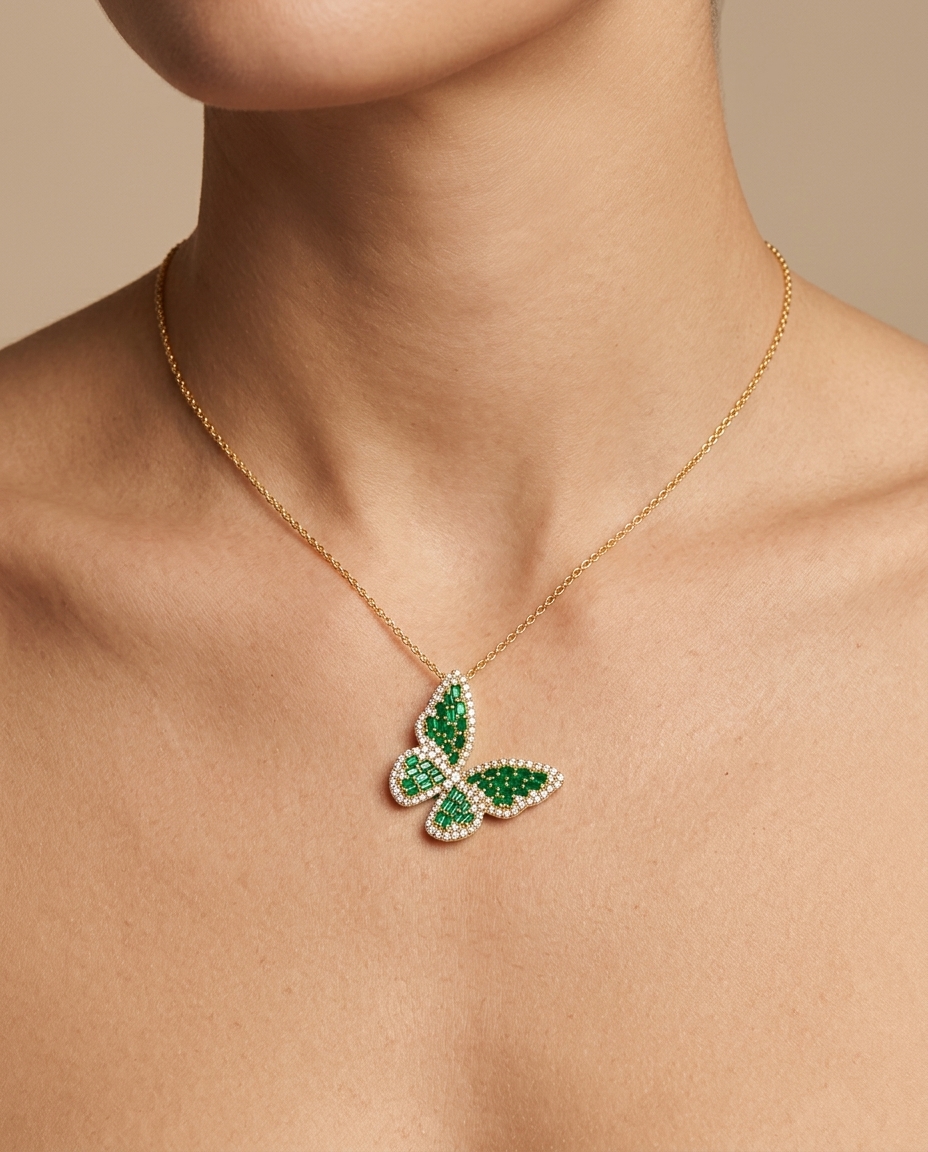 14KT Gold Butterfly Emerald and Diamond Necklace on model