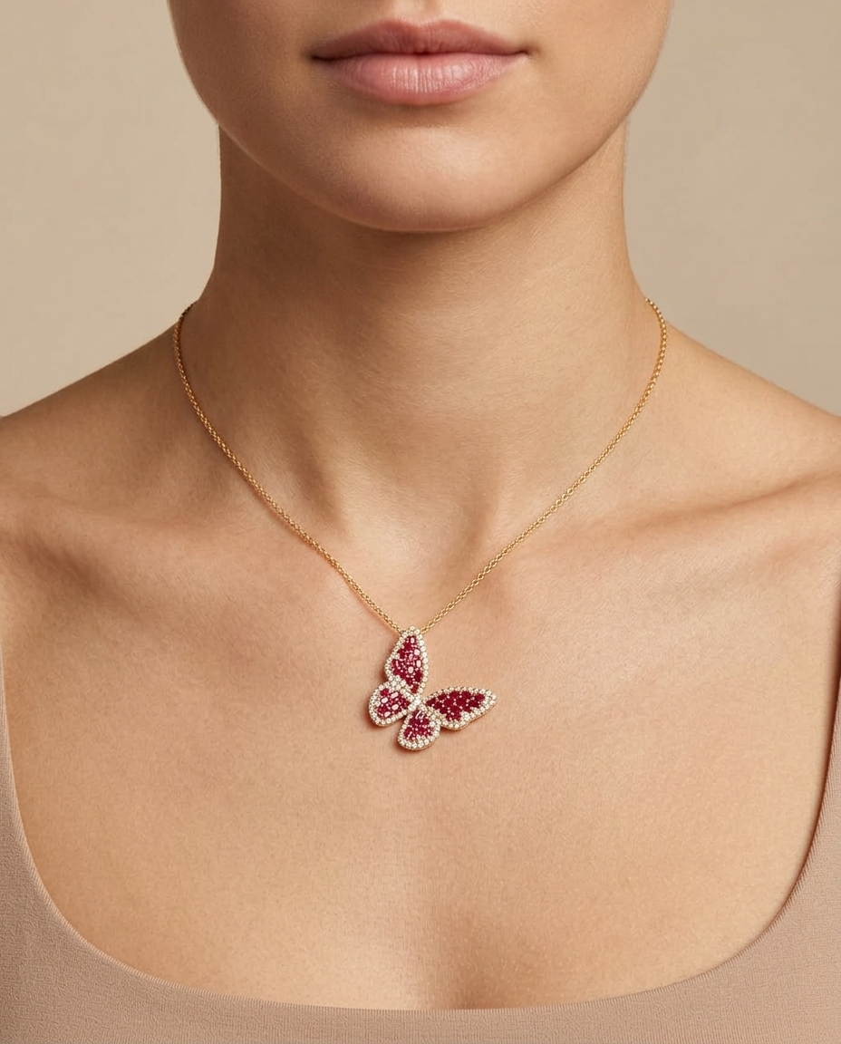 14KT Gold Butterfly Ruby and Diamond Pendant Necklace on model