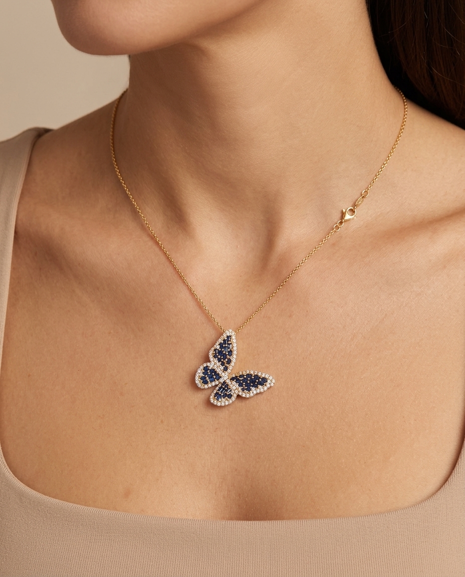 14KT Gold Butterfly Blue Sapphire and Diamond Necklace on model