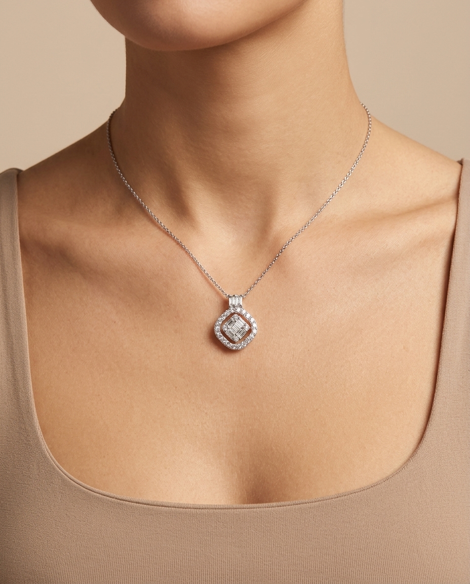 18KT White Gold Diamond Pendent on model