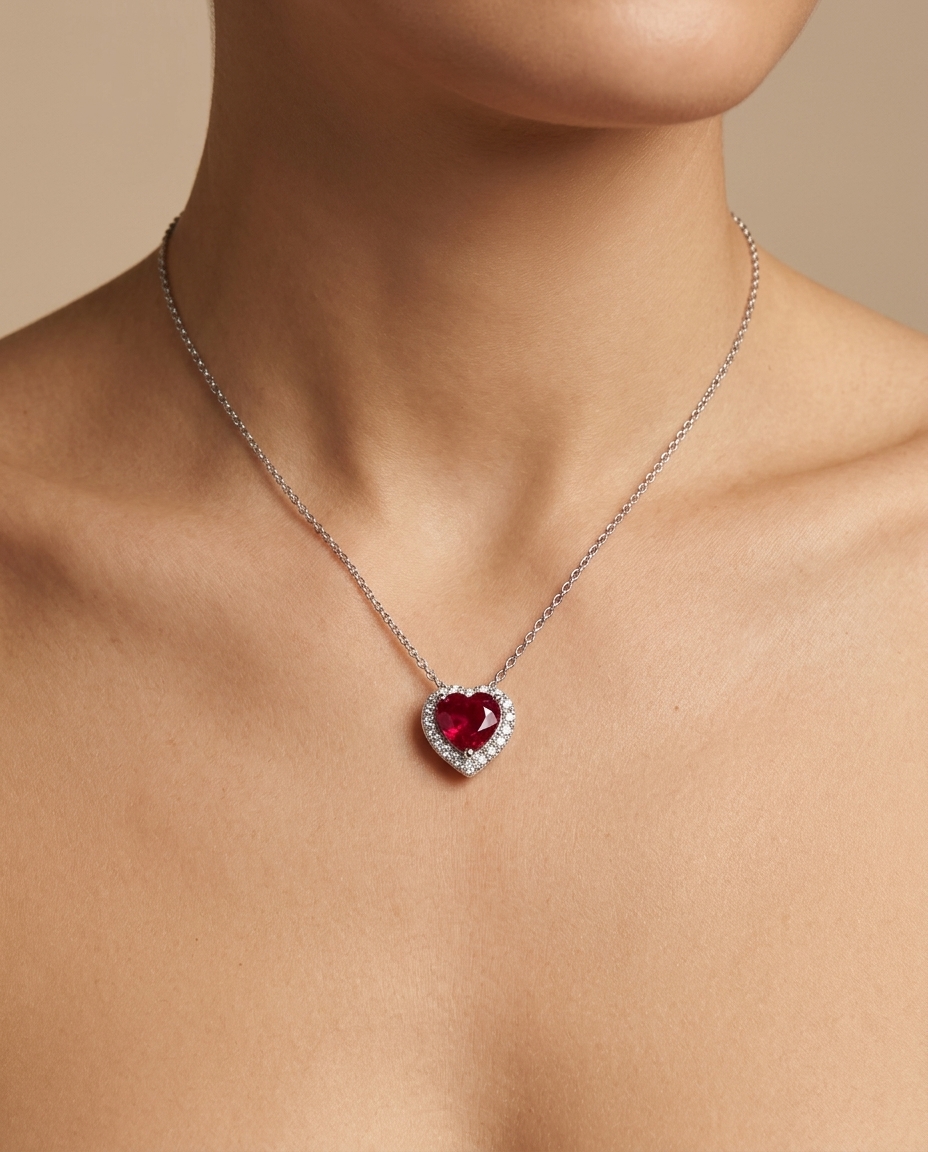 18KT White Gold Ruby and Diamond Necklace on model