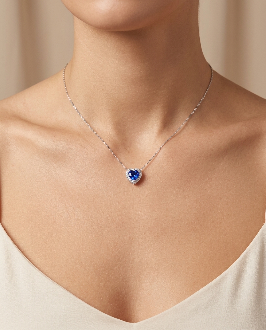 18KT White Gold Diamond and Heart Shape Sapphire Pendent on model
