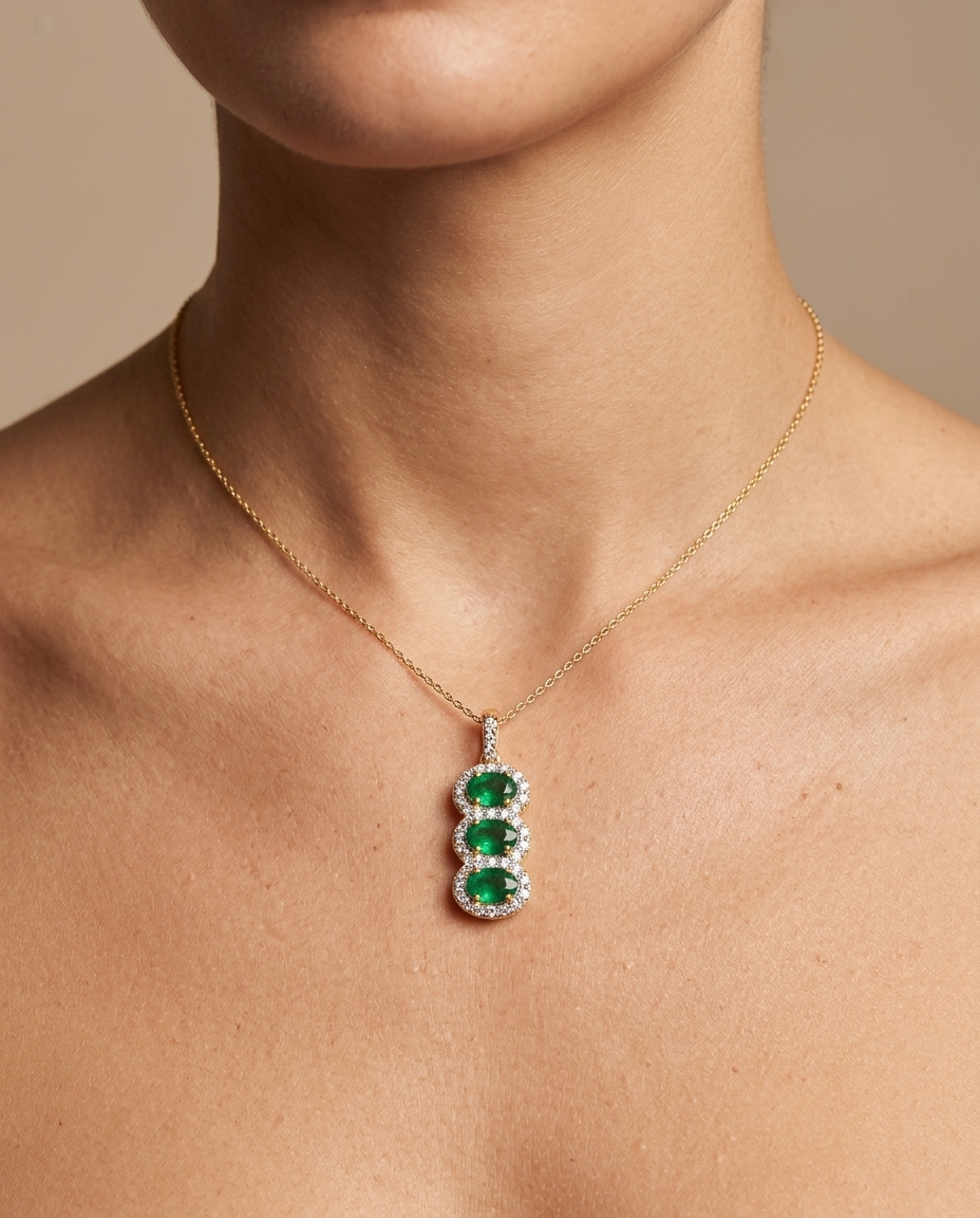 18KT Yellow Gold Diamond and Emerald Pendent on model