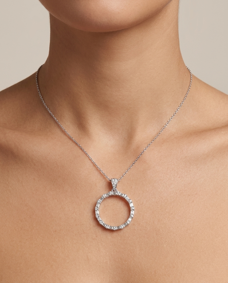 18KT White Gold Diamond Open Circle Necklace on model