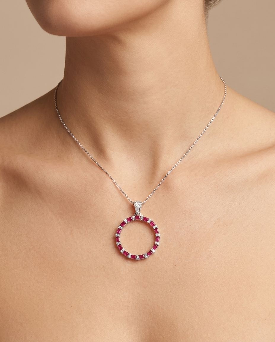 18KT White Gold Ruby and Diamond Open Circle Necklace on model