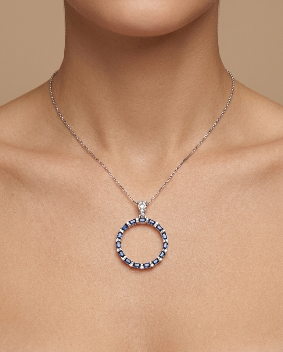 18KT White Gold Sapphire and Diamond Open Circle Necklace on model