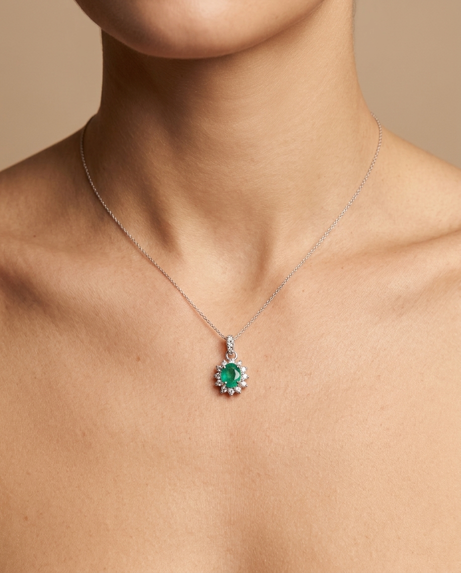 18KT White Gold Diamond and Emerald Pendant on model