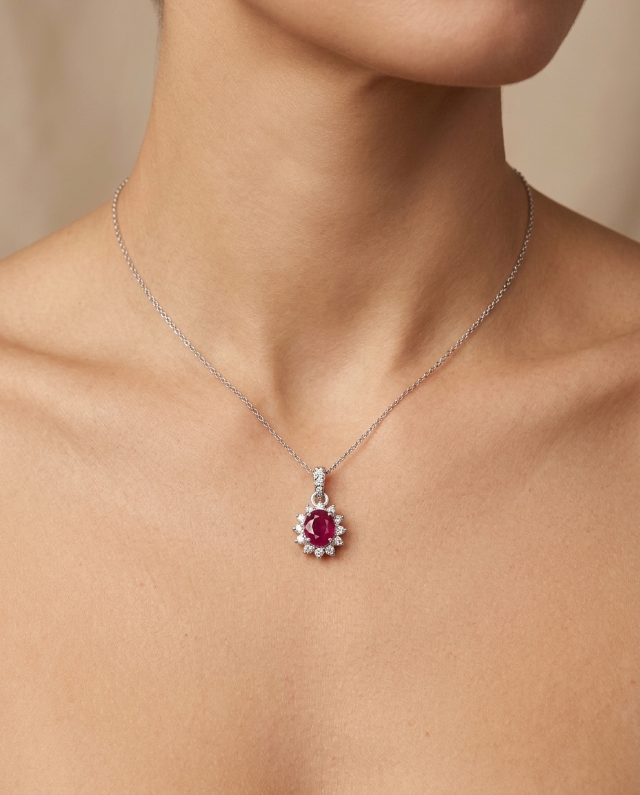 18KT White Gold Diamond and Ruby Pendant on model