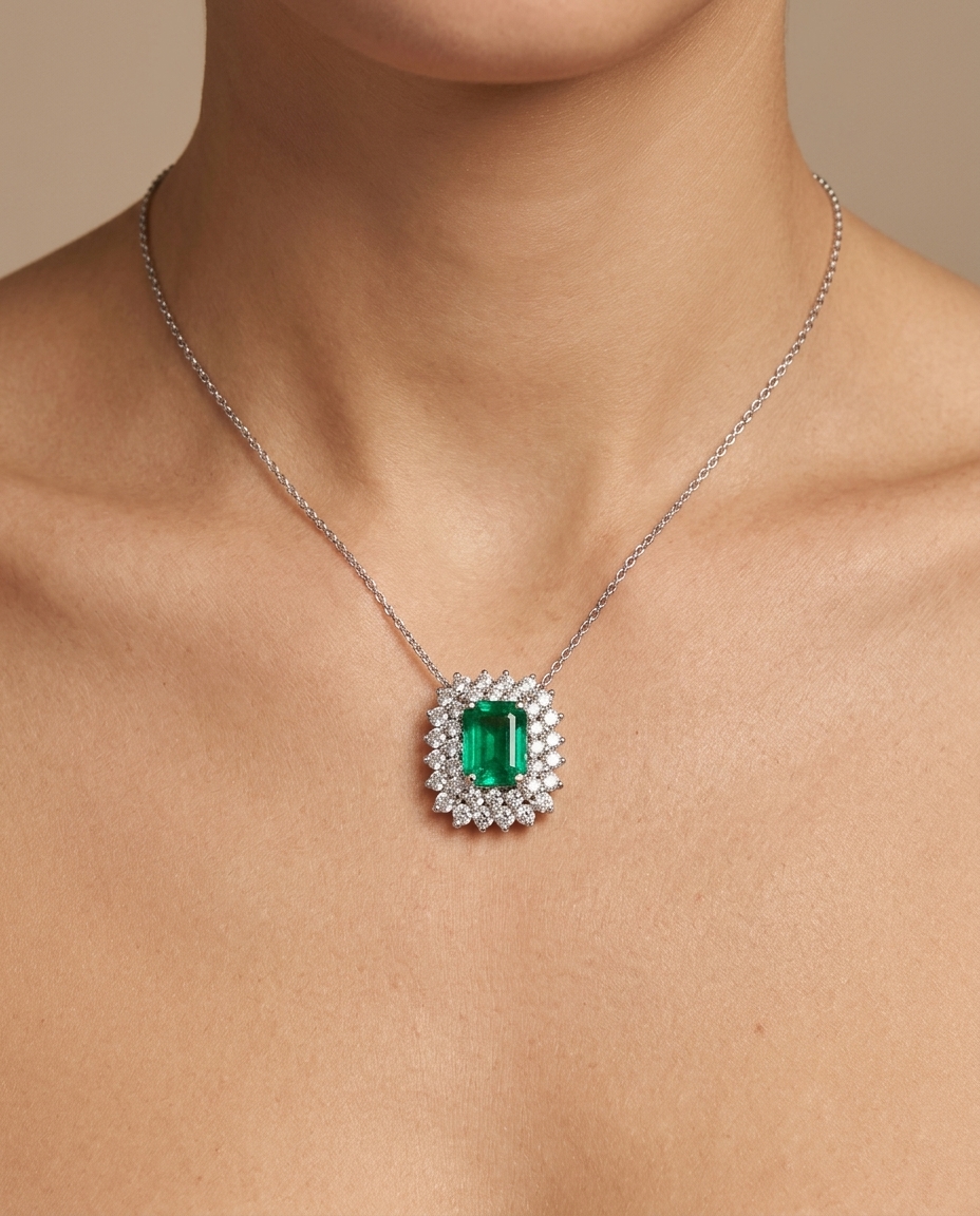 18KT Emerald with Diamonds Pendant on model