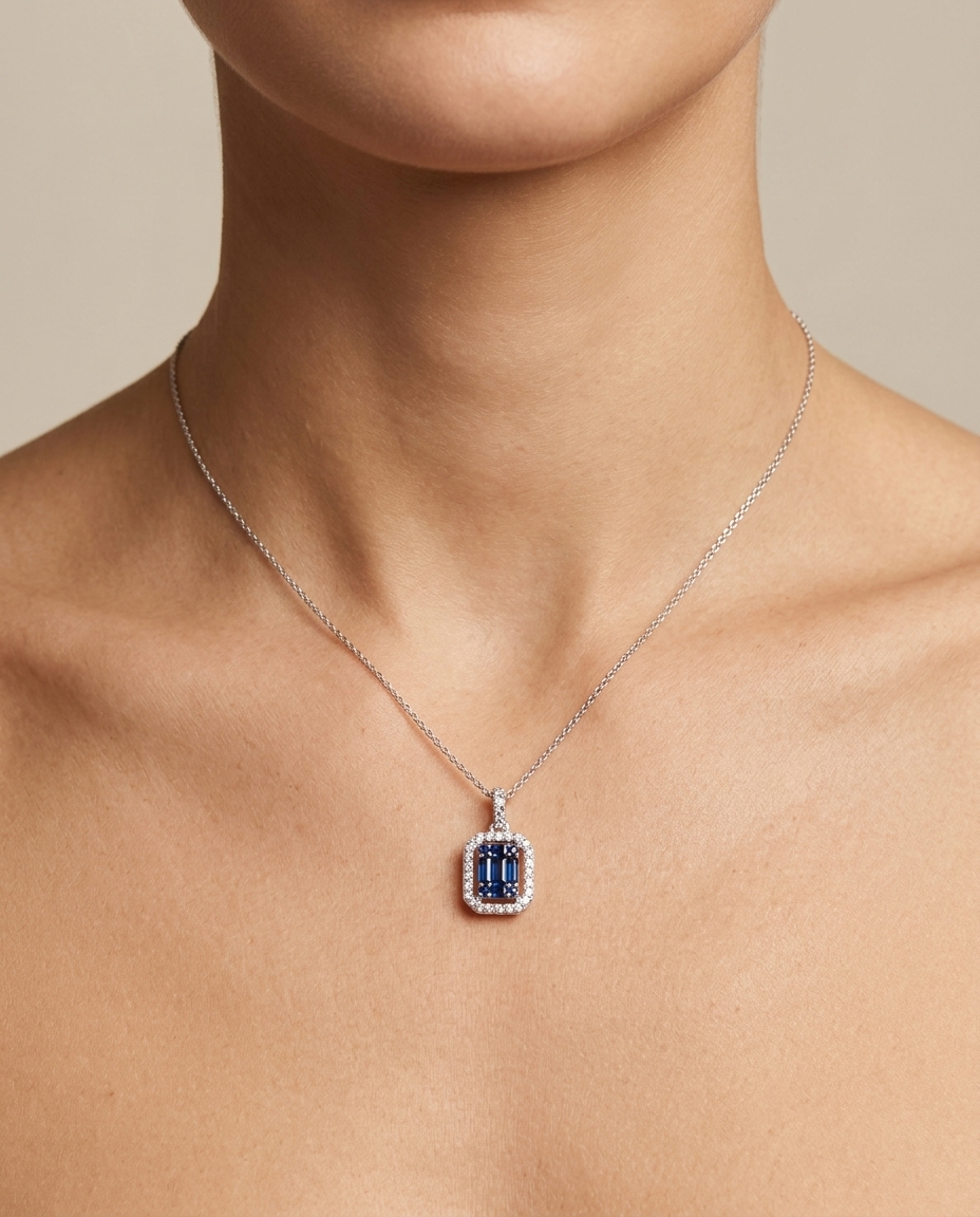 18KT White Gold Diamond and Sapphire Pendent on model