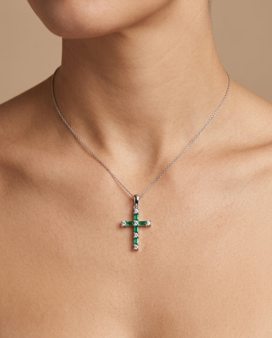 14KT White Gold Emerald and Diamond Cross Pendant on model