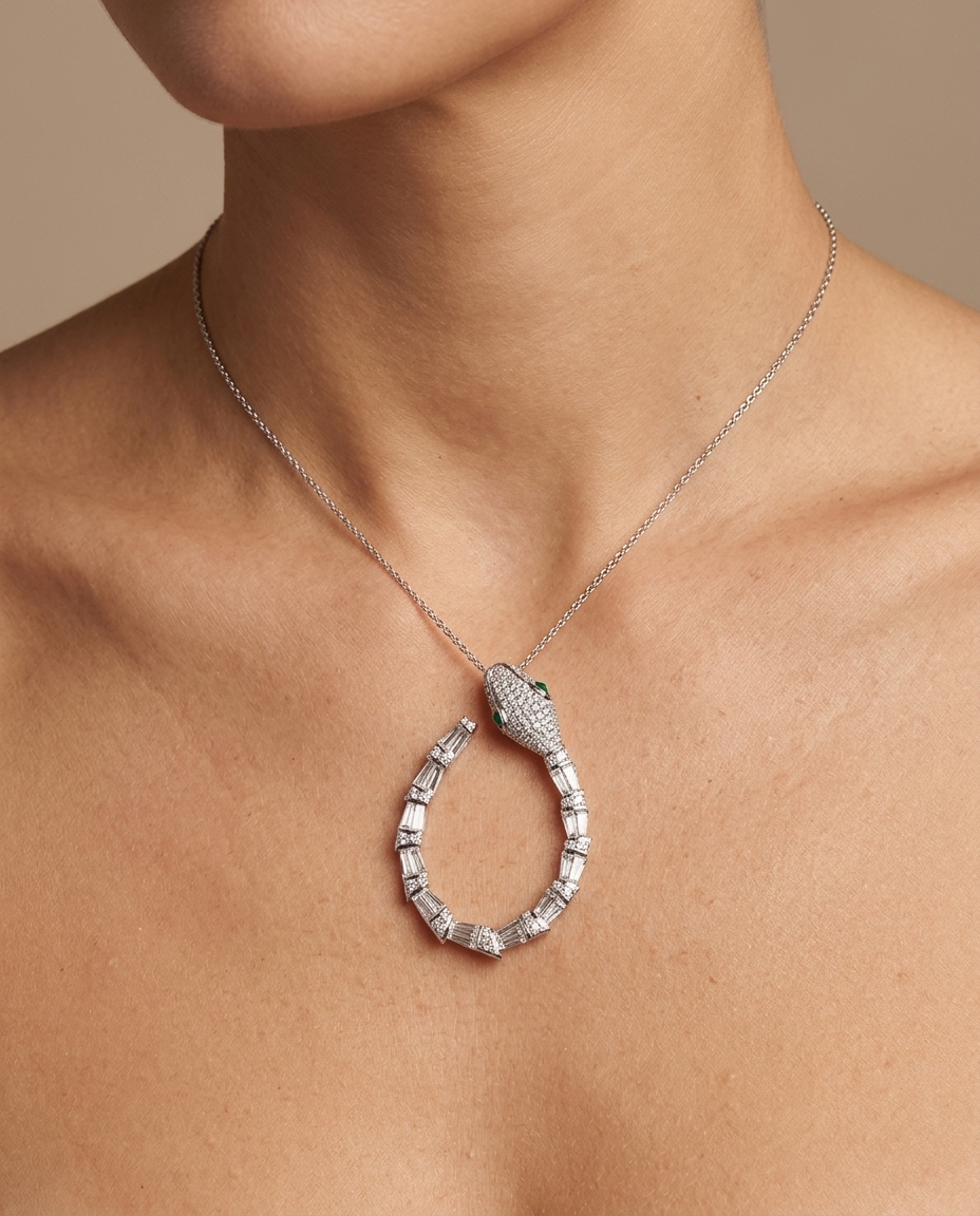 18KT White Gold Emerald and Diamonds Snake Necklace on model