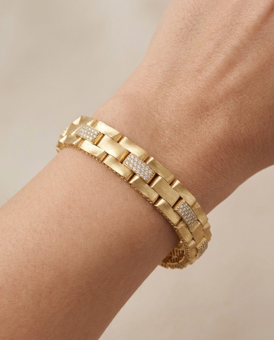 14KT Gold Matte Finish Diamond Bracelet on model