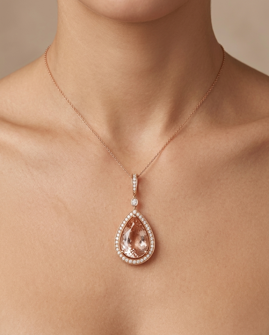 14KT Rose Gold Morganite and Diamond Pendent (Copy) on model