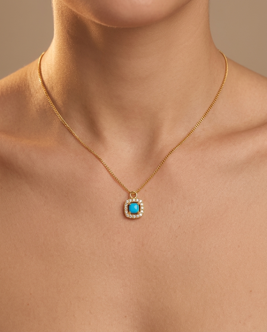 14KT Gold Turquoise Cushion Pendent 4MM on model