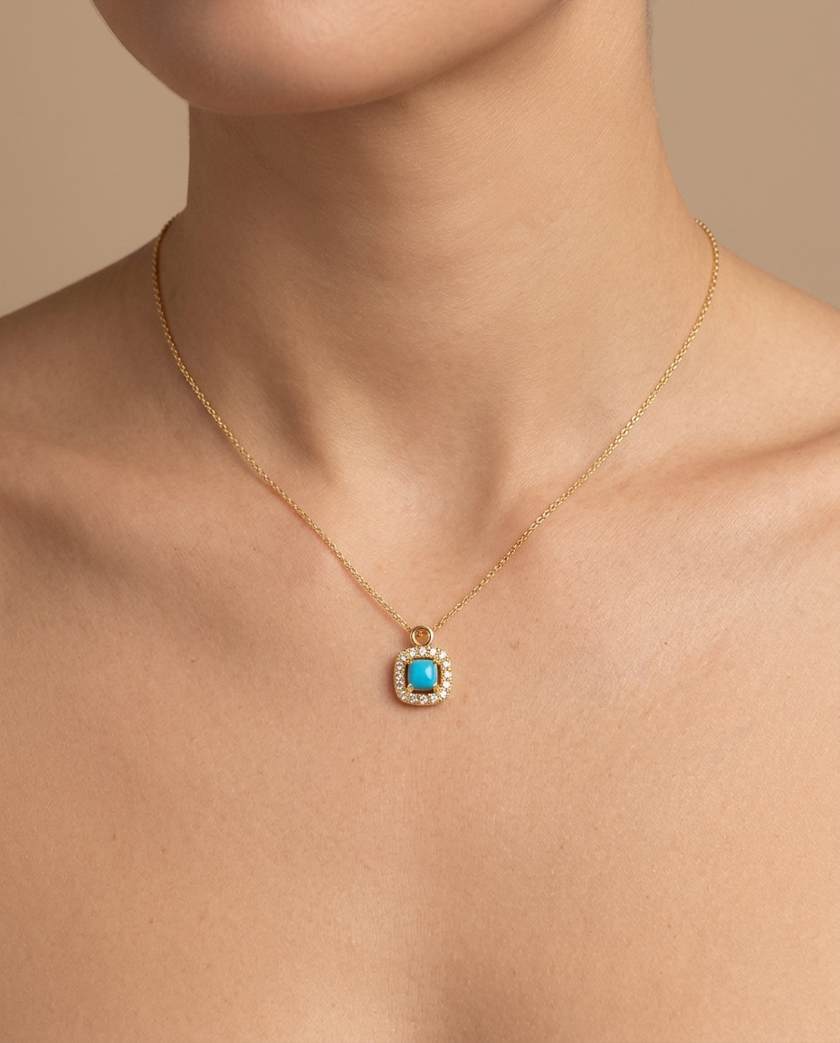 14KT Gold Turquoise Cushion Pendent 4MM on model